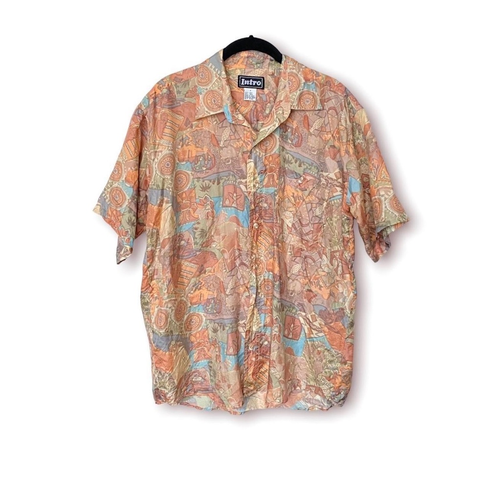 90s silk pastel colorful vintage abstract button down shirt!
